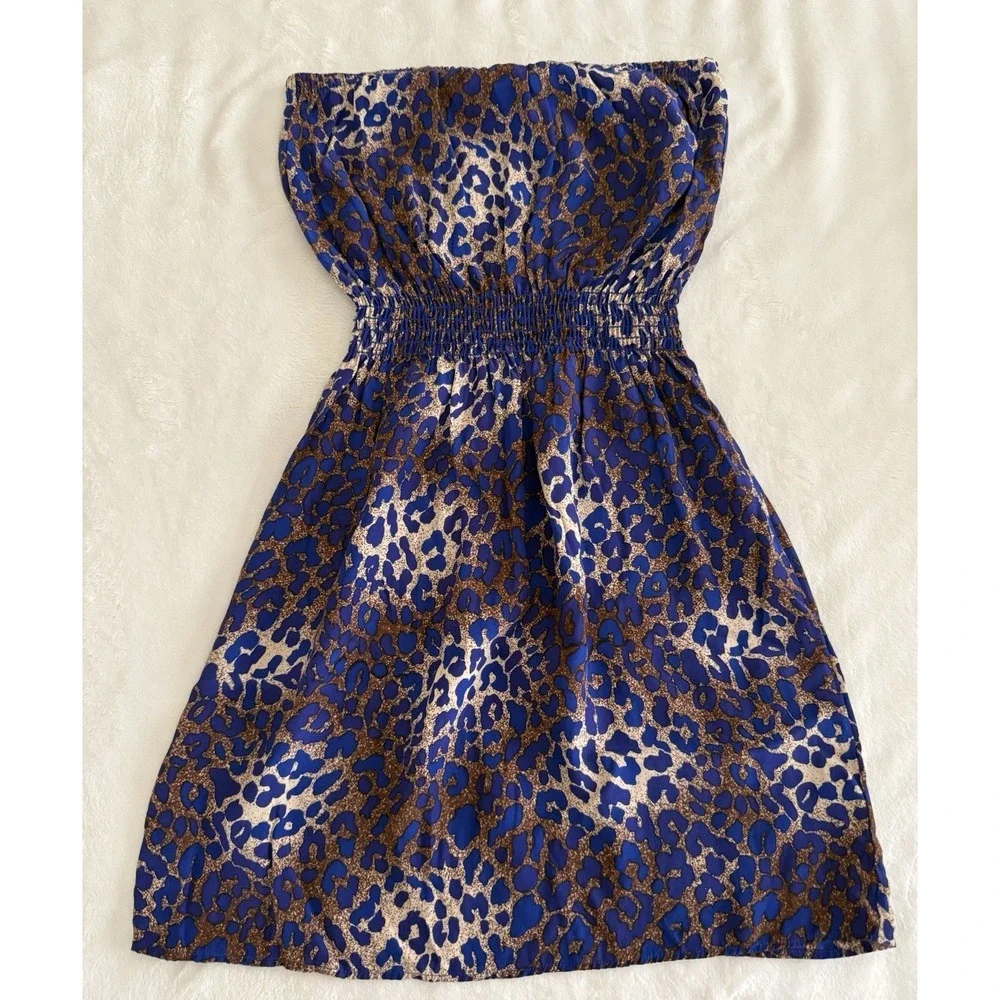 Eighty Sixty Silk Strapless Dress Womens Medium Blue‎ Leopard Smocked Boho